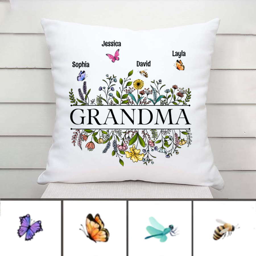 Grandma Butterfly Flower Personalized Pillow