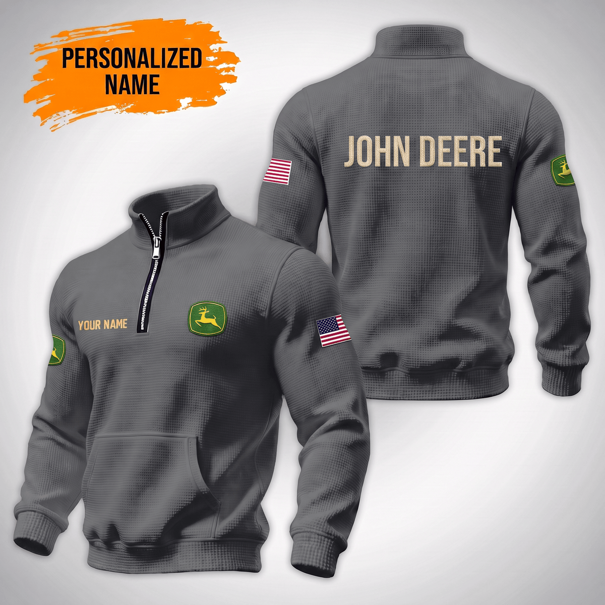 Personalized JD Waffle Stand Collar Zip Hoodie Pockets