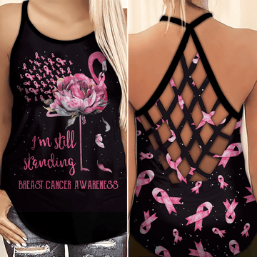 I'm Still Standing Breast Cancer Awareness Flamingo Flower Criss-Cross Tank Top YVT0803