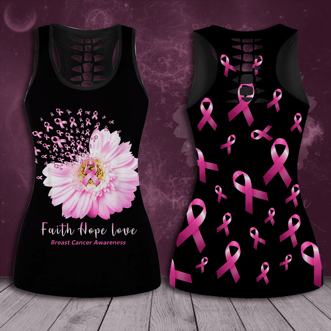 Breast Cancer Awareness 'Faith Hope Love' Hollow Tank Top & Leggings Set TH3453